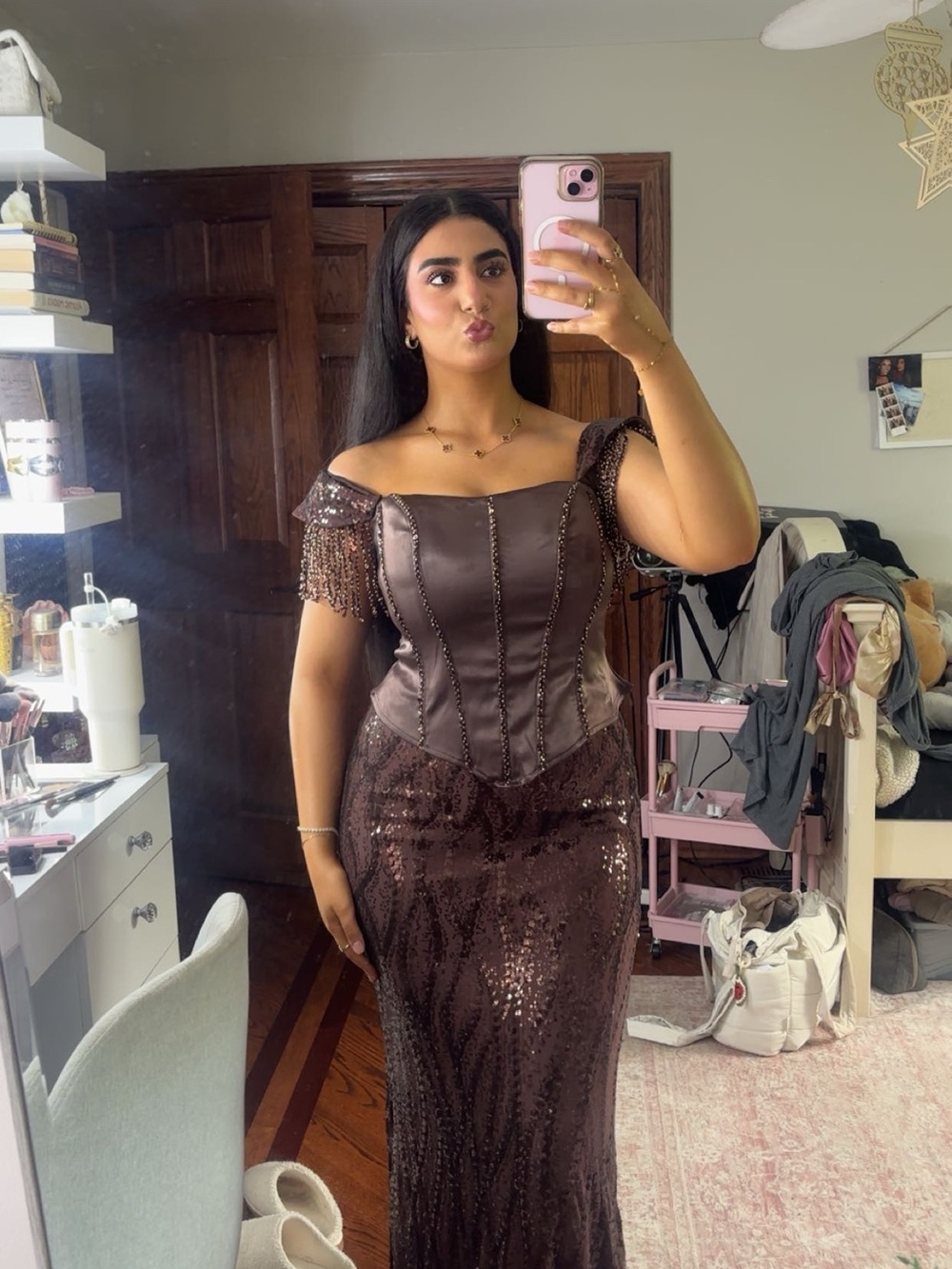 Elegant Off-Shoulder Chocolate Brown Sequin Evening Dress with corset top